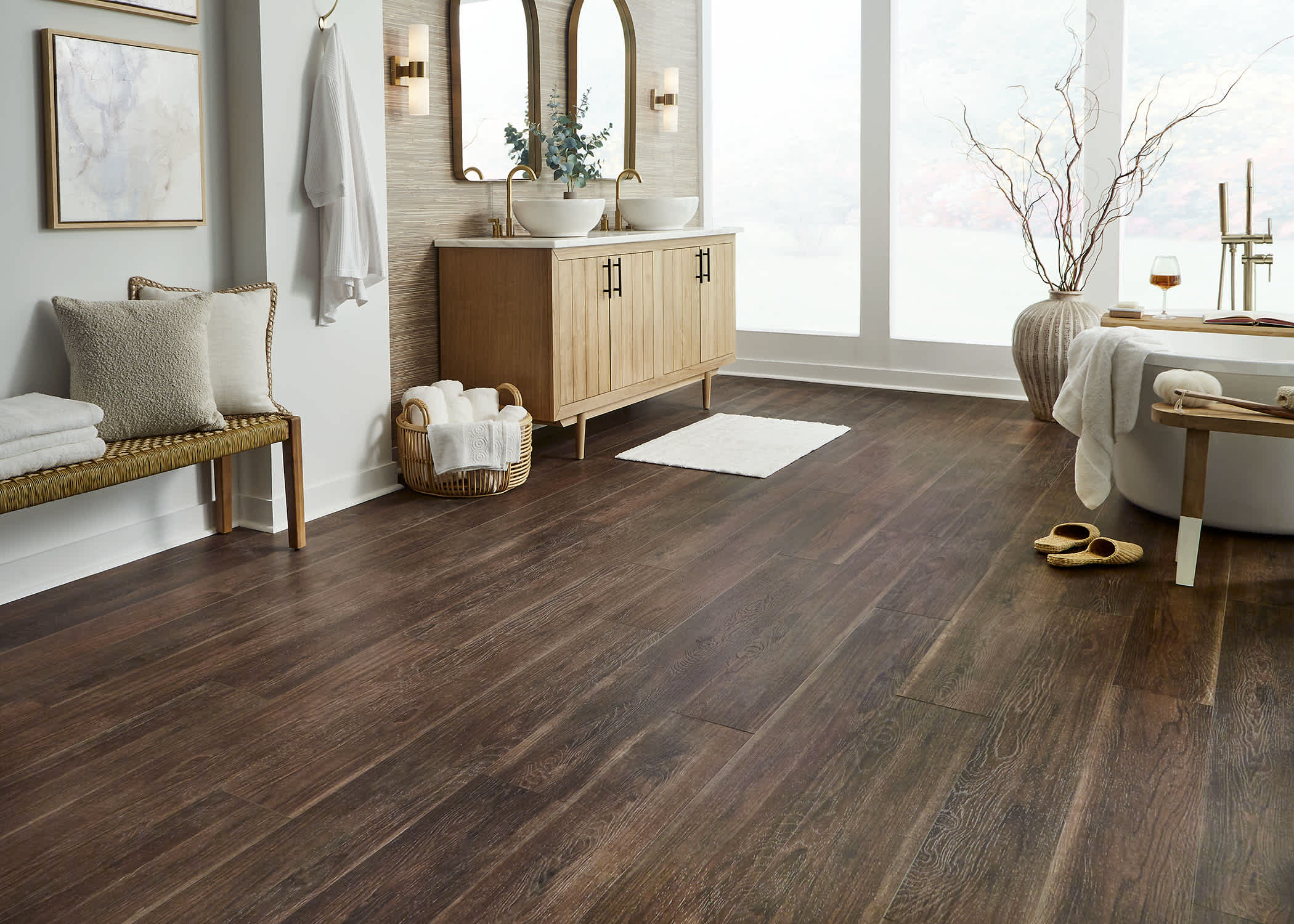 Parker Peak Walnut Vinyl Plank Flooring installed in a bathroom