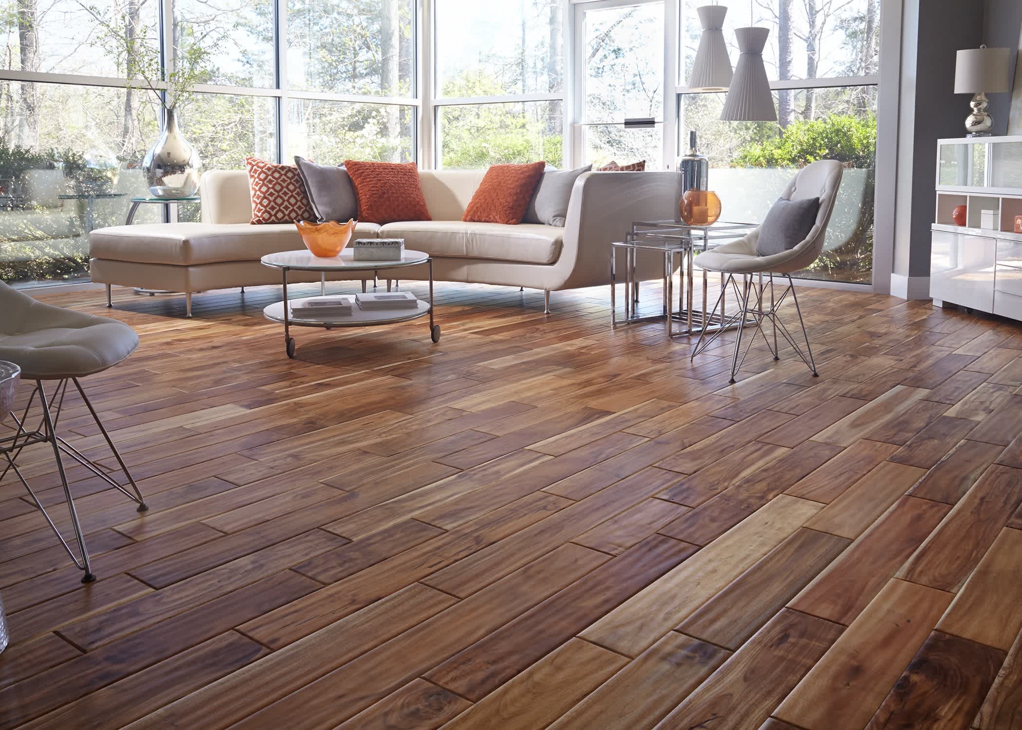 Brown hardwood flooring installed in a living room