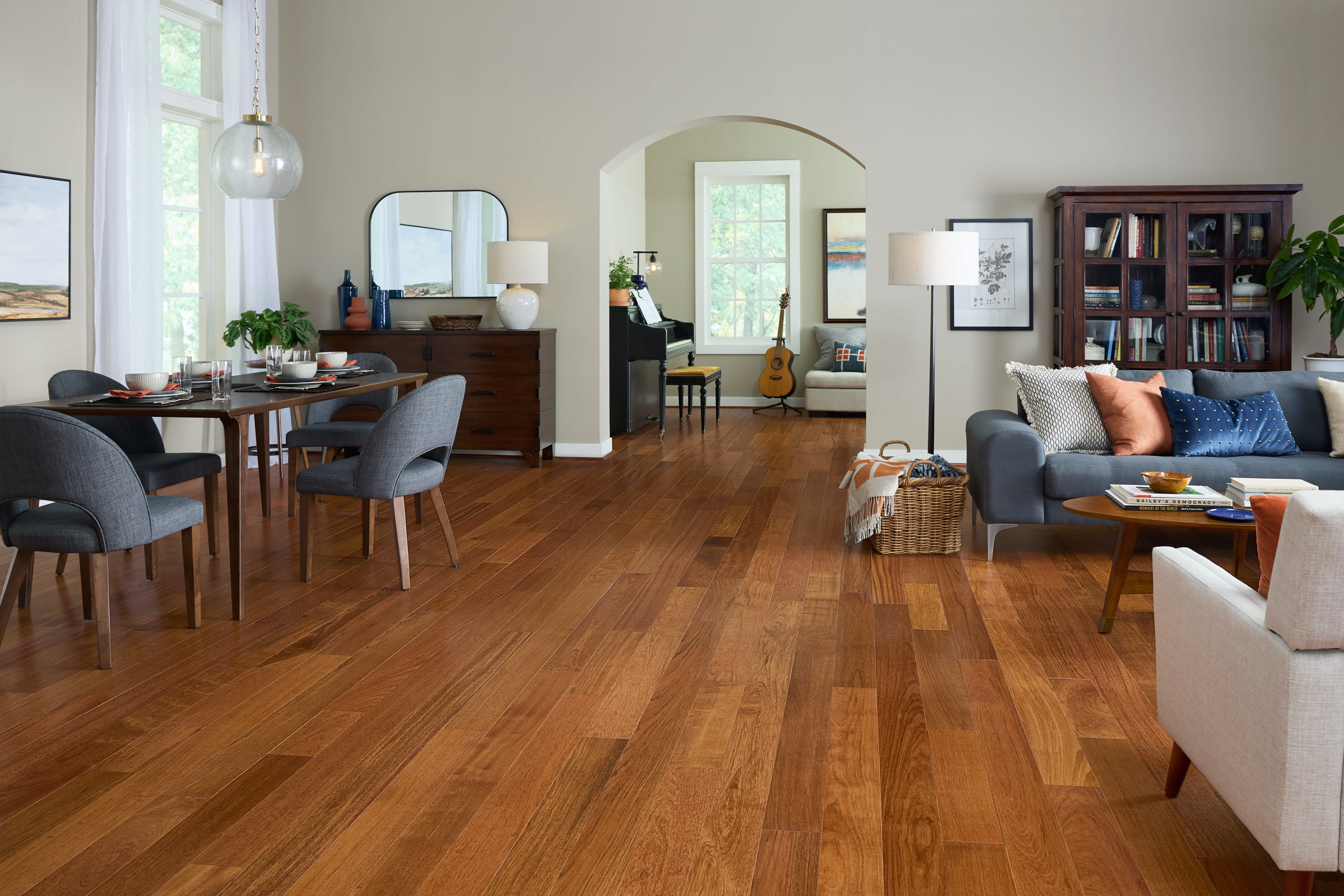 Red hardwood Flooring installed in a dining room