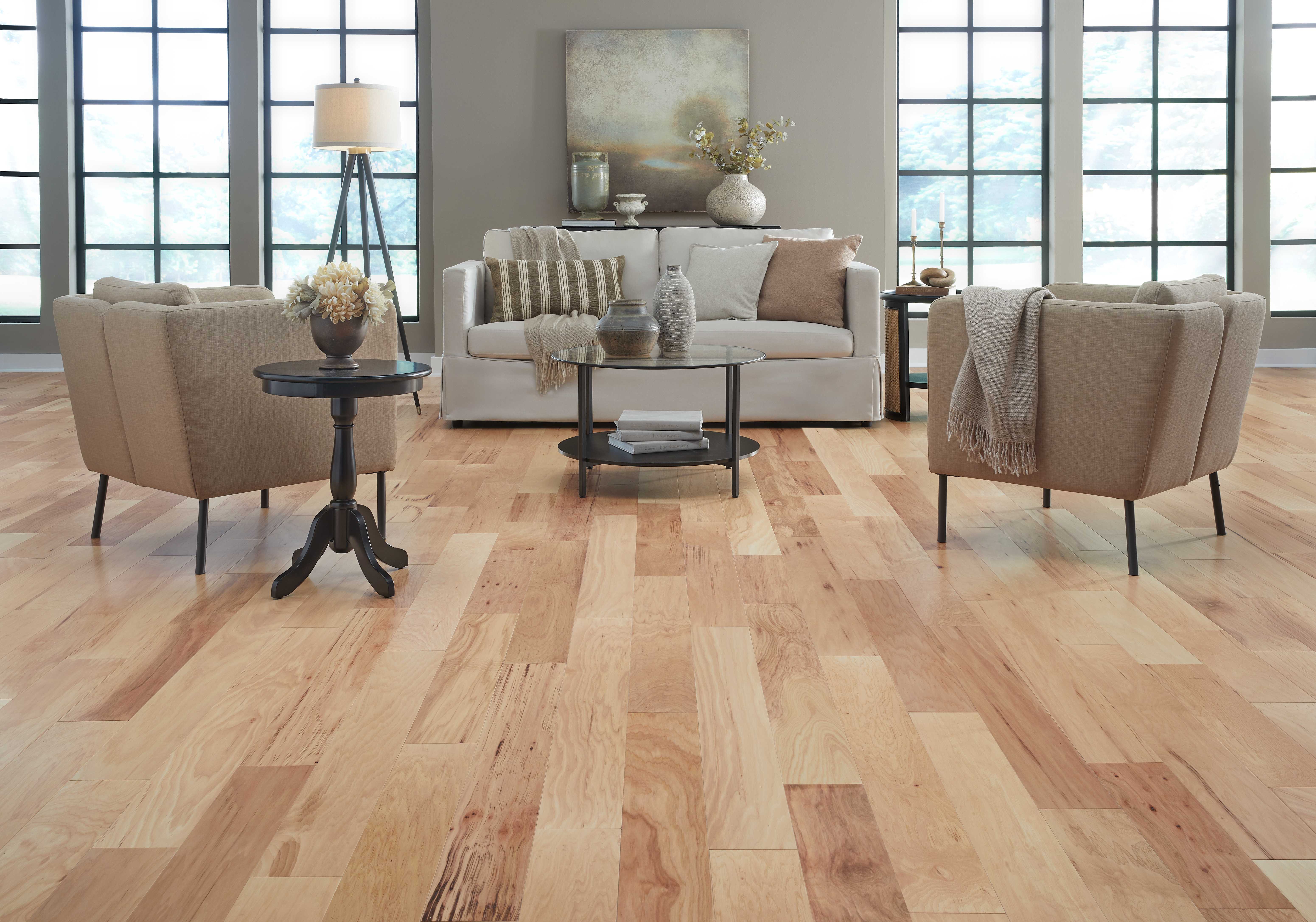 Bellawood Sun Valley Hickory Quick Click Engineered Hardwood Flooring installed in a living room