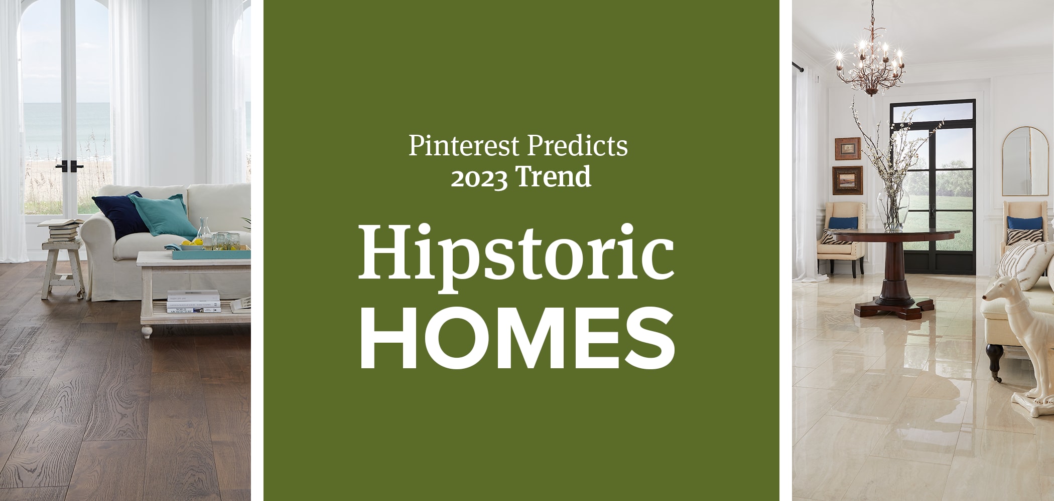 Pinterest Predicts 2023 Trend Hipstoric Homes with dark brown wood floor in seaside living room and polished blonde marble in entryway with dog sculpture