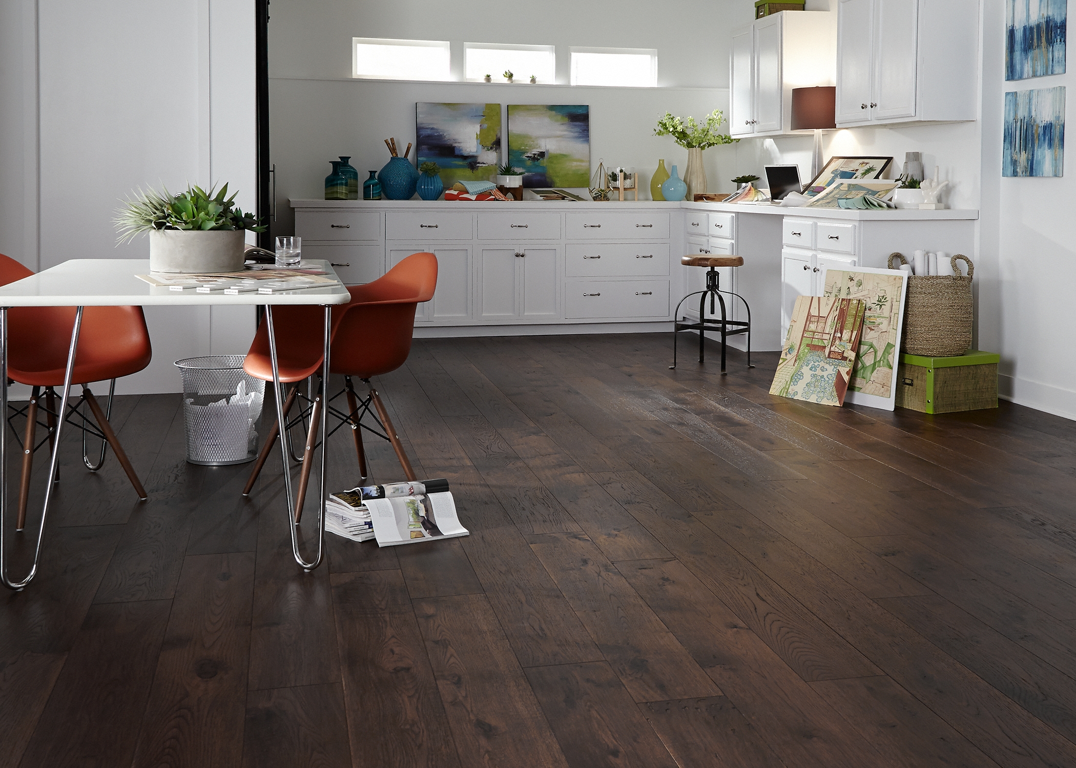 Porter House Hickory Engineered Hardwood Flooring in Living Room, Office, and Kitchen