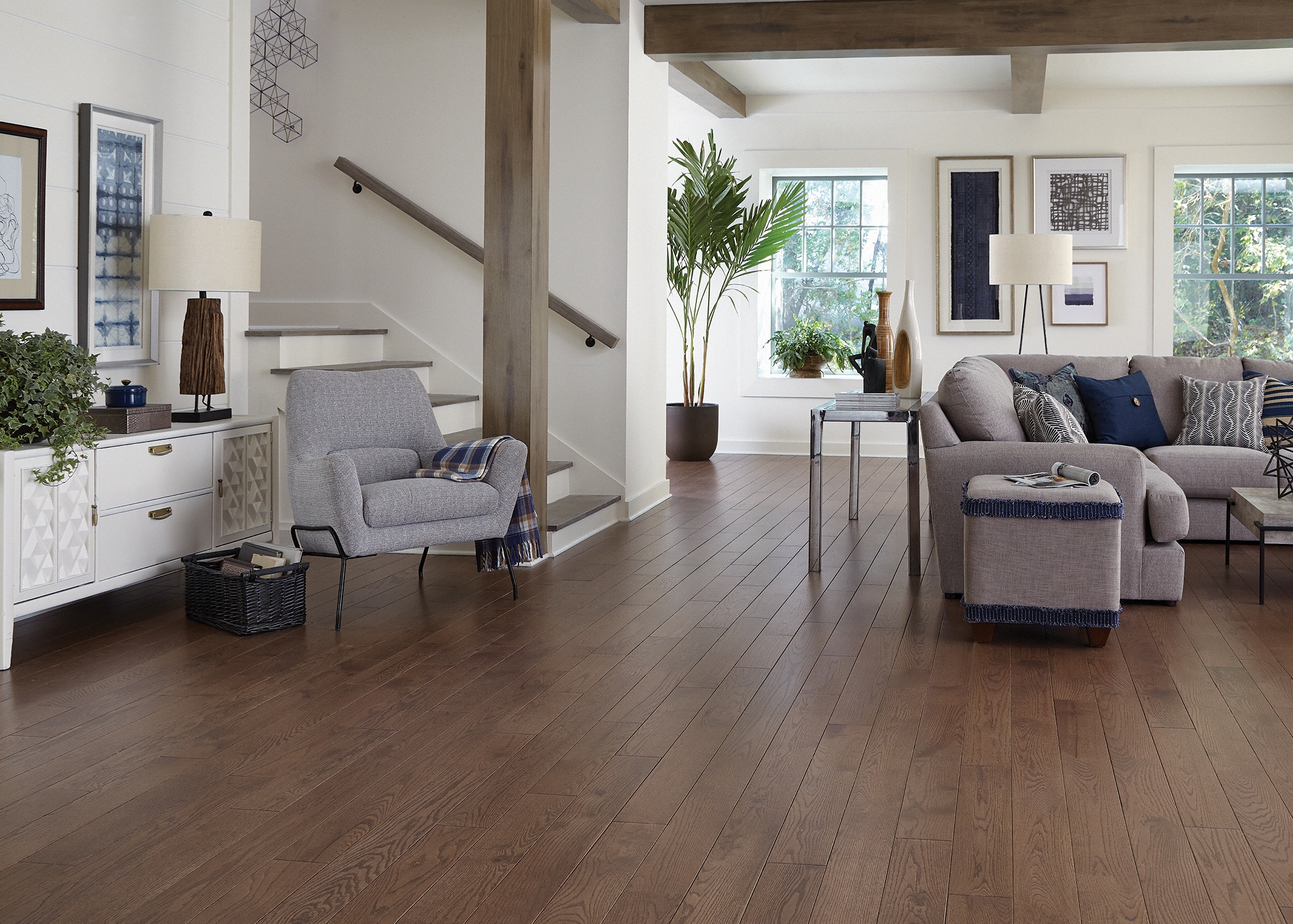 Bellawood Haverhill Oak Prefinished Solid Hardwood Flooring in open living room with stairs