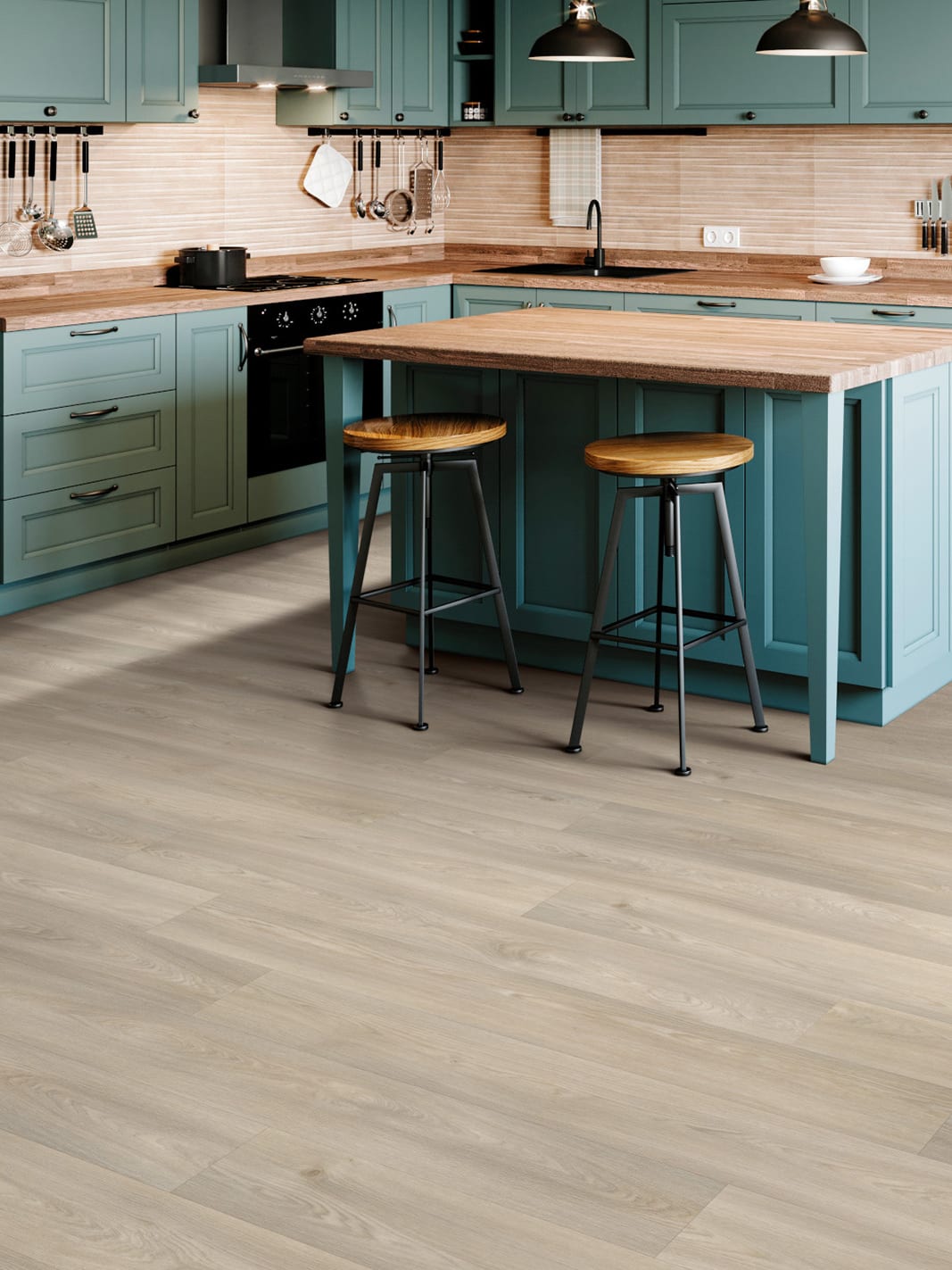 kitchen with butcher block island top