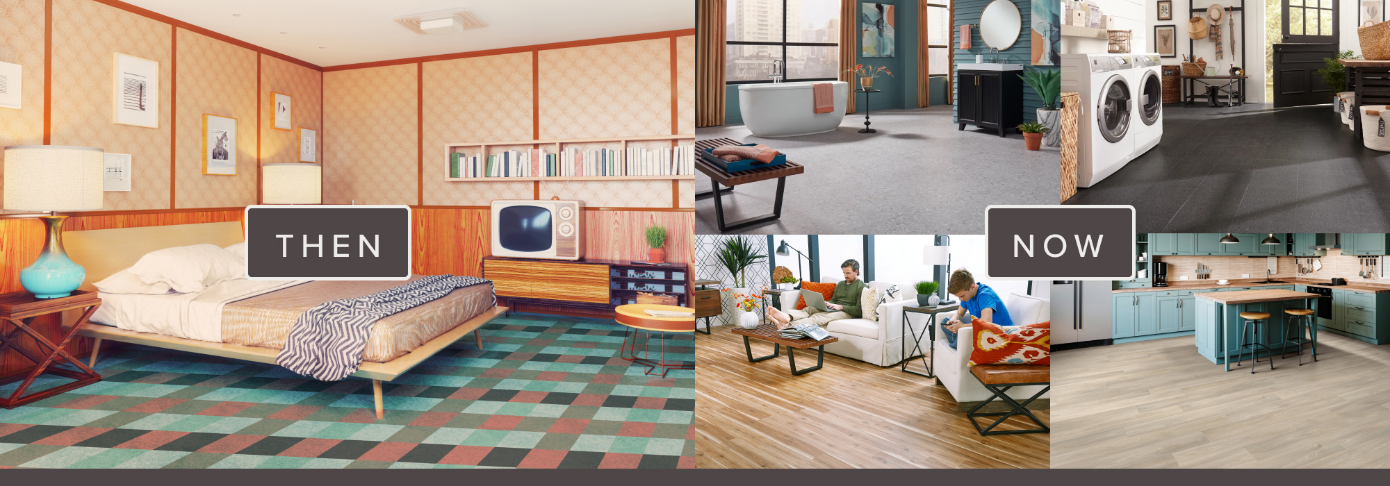 graphic showing older loo vinyl on left, to stylish rooms with newer vinyl flooring on the right