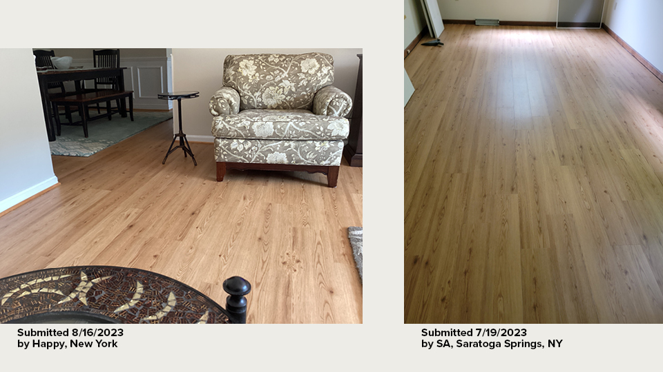 blonde waterproof rigid vinyl plank in living room with pattern upholstered chair and small side table