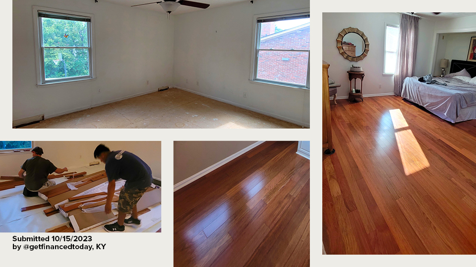 reddish brown solid hardwood flooring in home with installers laying floor and 