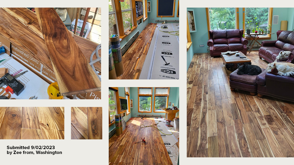 multi toned brown solid hardwood floor being installed in living room with green walls