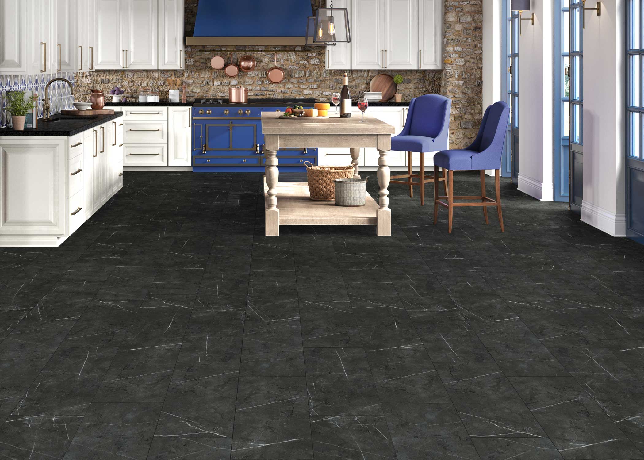 black and white marble look vinyl tile flooring  in kitchen with white cabinets with black countertops plus brick backsplash and blue bar stools