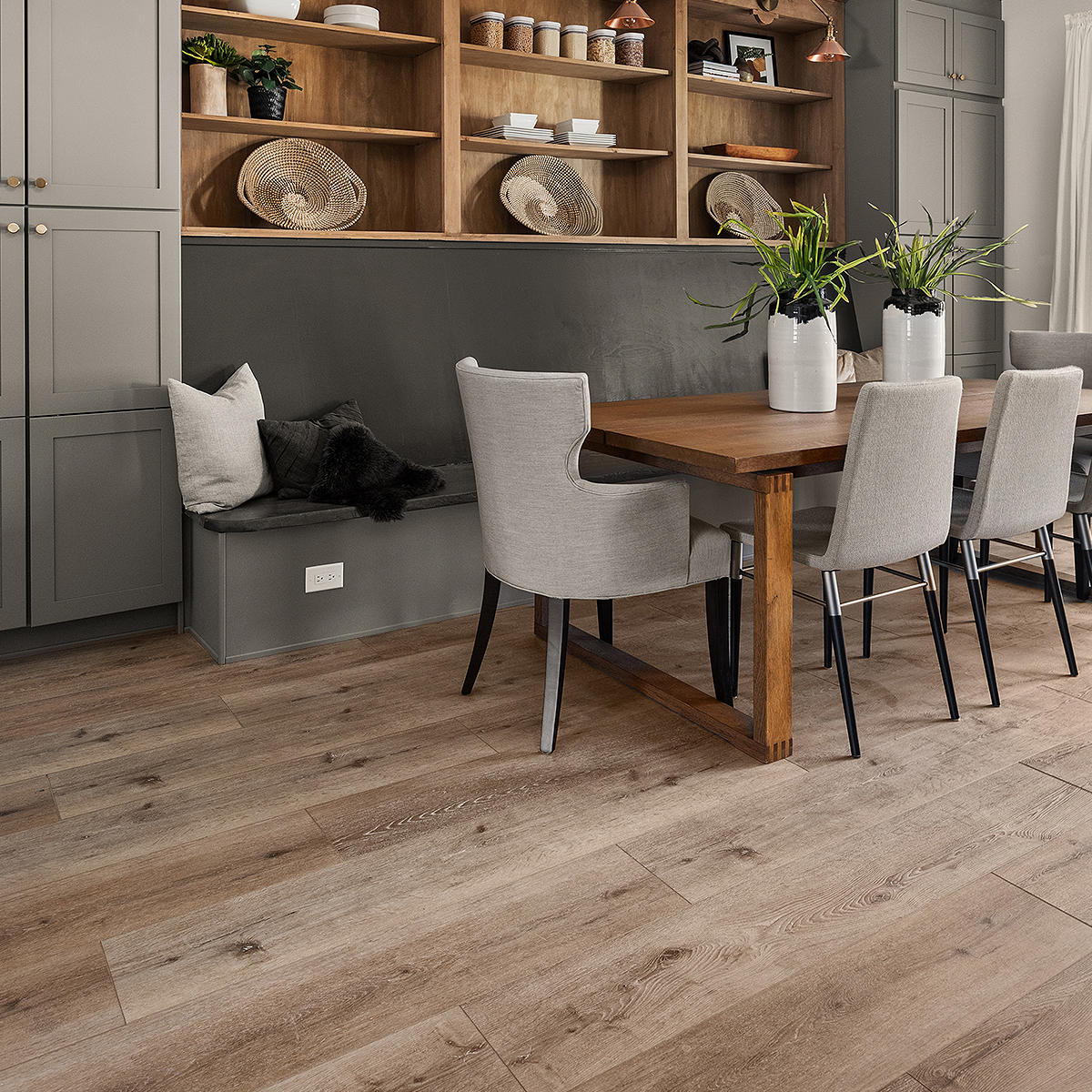 Corleuxe+ Feathered Pine Waterproof WPC Vinyl Plank Flooring in dining room