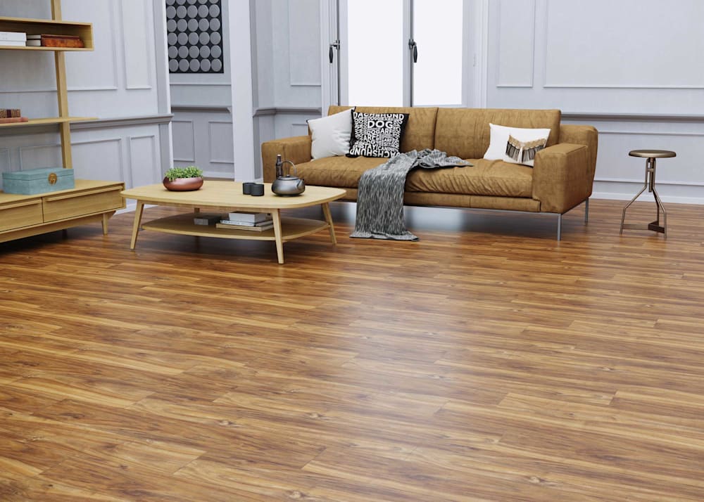 5mm with Pad Gresham Teak Waterproof Rigid Vinyl Plank Flooring in living room with caramel upholstered sofa plus blonde wood coffee table